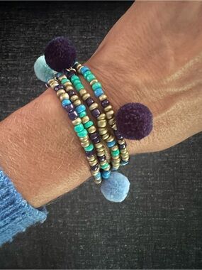 Seed Beed Stretch Wrap Bracelet / Necklace with Light & Navy Blue Pom-Poms